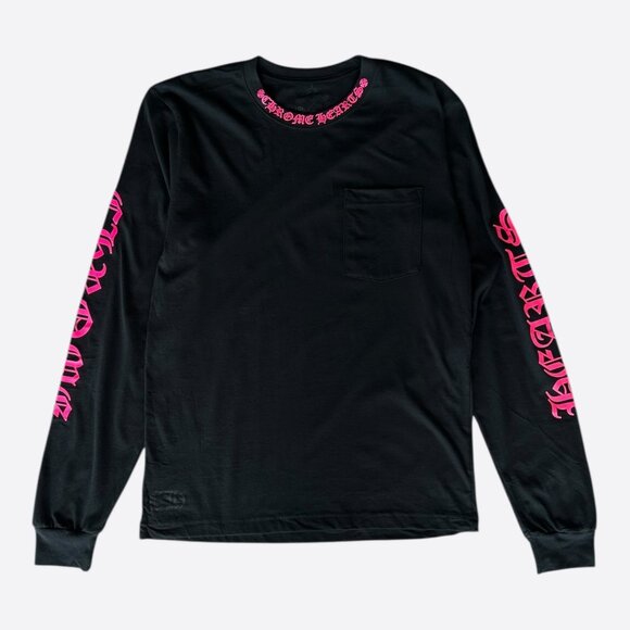Chrome Hearts Black & Pink Neck Logo Longsleeve T-Shirt - Picture 1 of 7